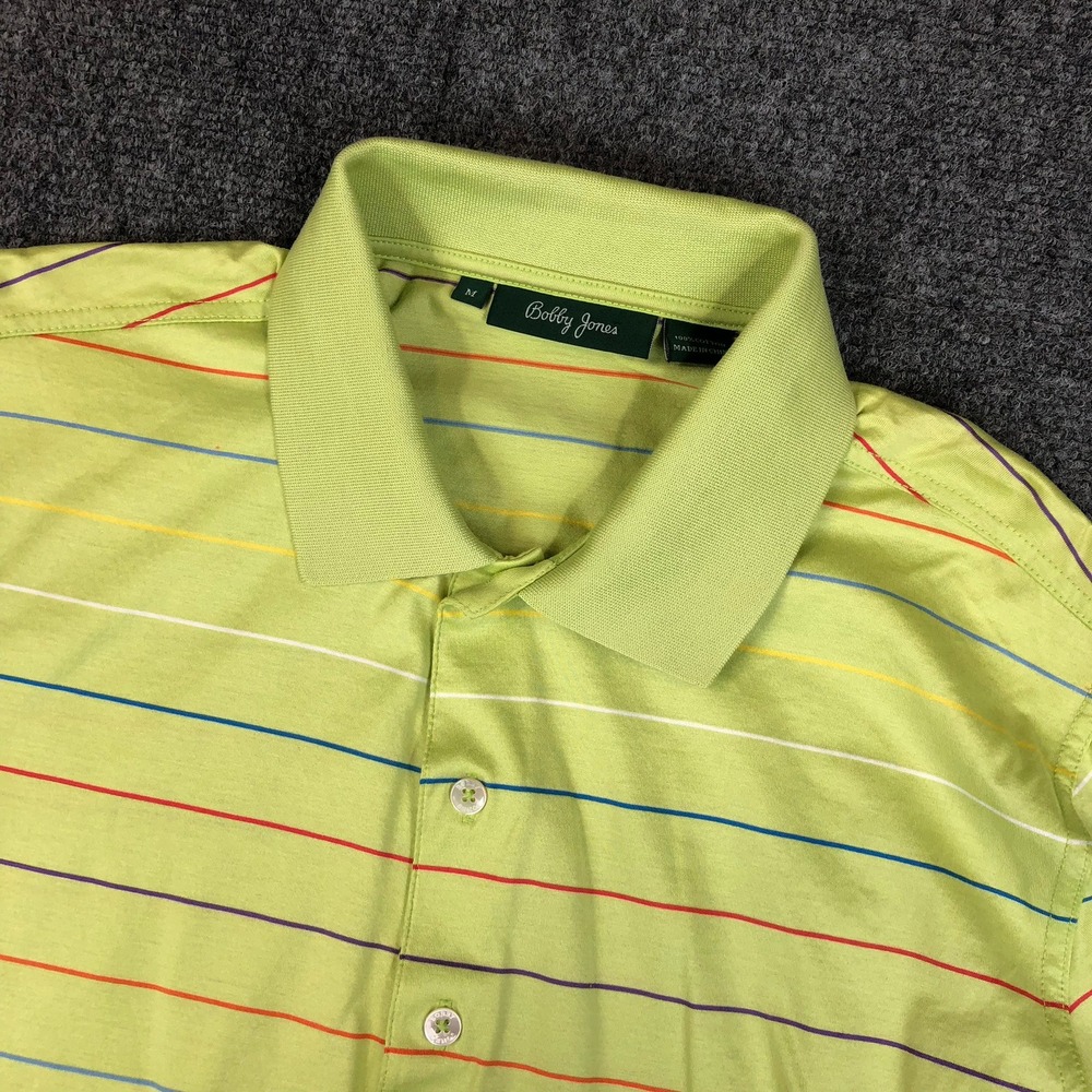 Bobby Jones Golf Polo Shirt Men Medium Green Stripe Short Sleeve Button Up